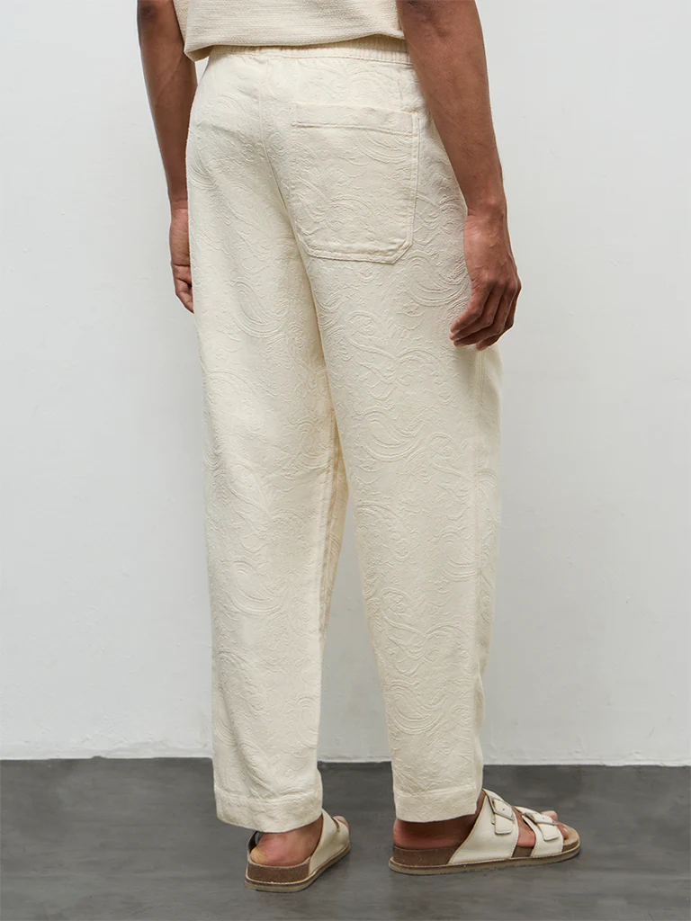 ETA Cream Paisley Design Relaxed-Fit Mid-Rise Cotton Chinos - Image 4