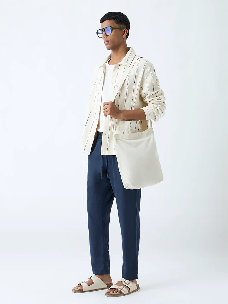 ETA Dark Blue Solid Relaxed-Fit Mid-Rise Cotton Pants