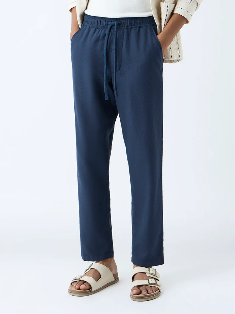 ETA Dark Blue Solid Relaxed-Fit Mid-Rise Cotton Pants - Image 2