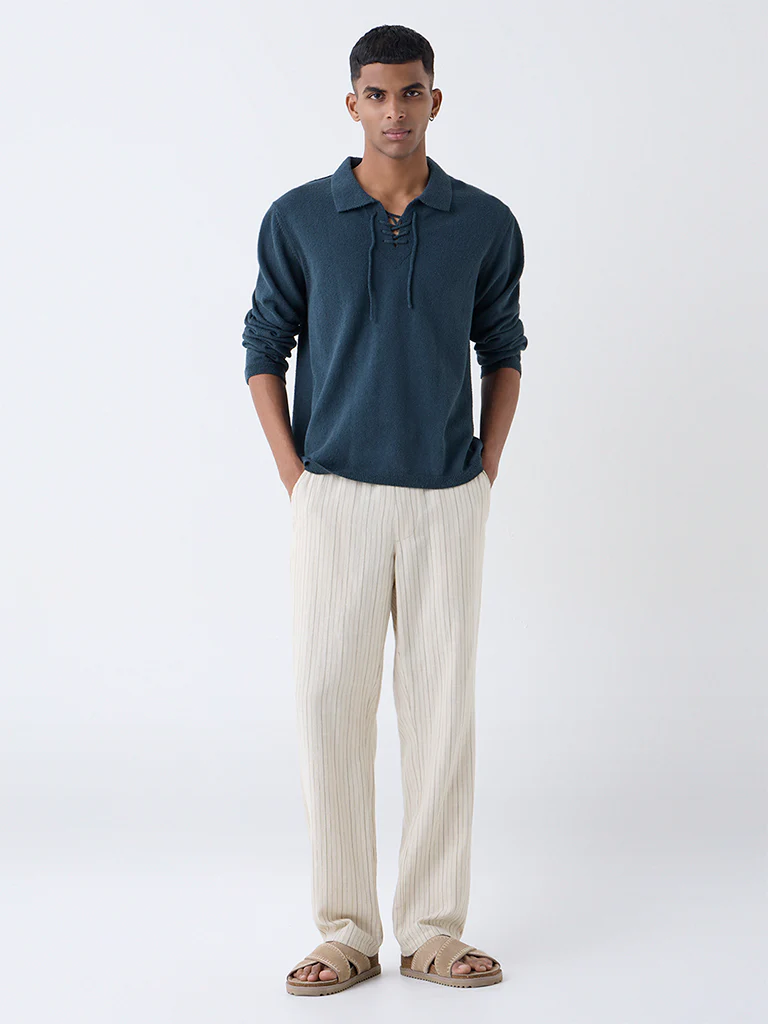 ETA Dark Blue Textured Relaxed-Fit Cotton-Blend Sweater - Image 3