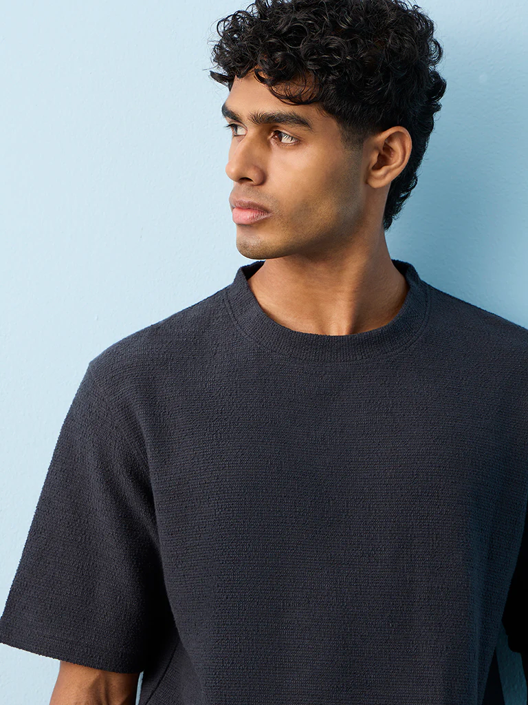 ETA Dark Blue Textured Relaxed-Fit Cotton-Blend T-Shirt - Image 3
