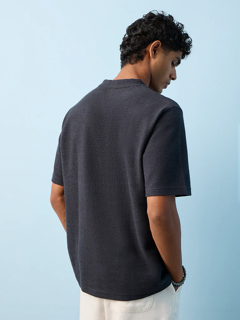 ETA Dark Blue Textured Relaxed-Fit Cotton-Blend T-Shirt - Image 4