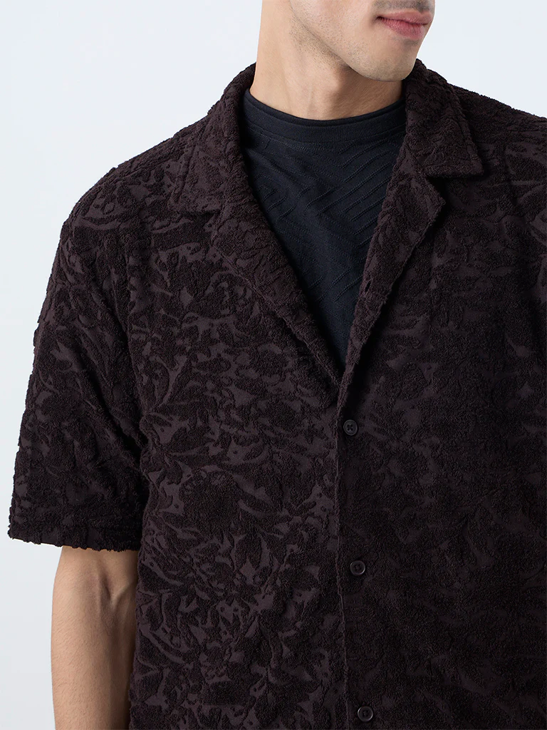 ETA Dark Brown Textured Relaxed-Fit Cotton-Blend Shirt - Image 4
