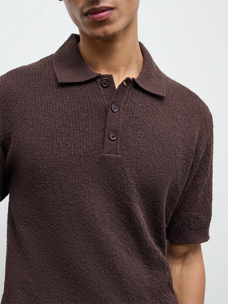ETA Dark Brown Textured Relaxed-Fit Polo T-Shirt - Image 4