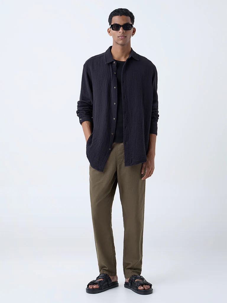 ETA Dark Taupe Solid Relaxed-Fit Mid-Rise Cotton Pants