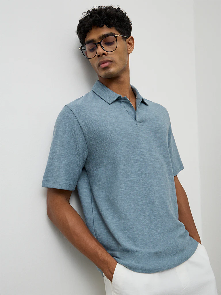 ETA Dusty Blue Relaxed-Fit Polo Cotton-Blend T-Shirt