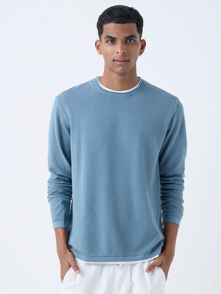 ETA Dusty Blue Textured Relaxed-Fit Cotton Sweater