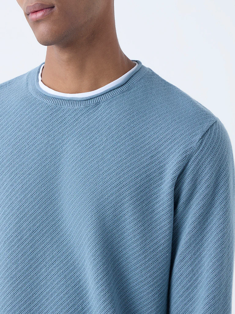 ETA Dusty Blue Textured Relaxed-Fit Cotton Sweater - Image 4