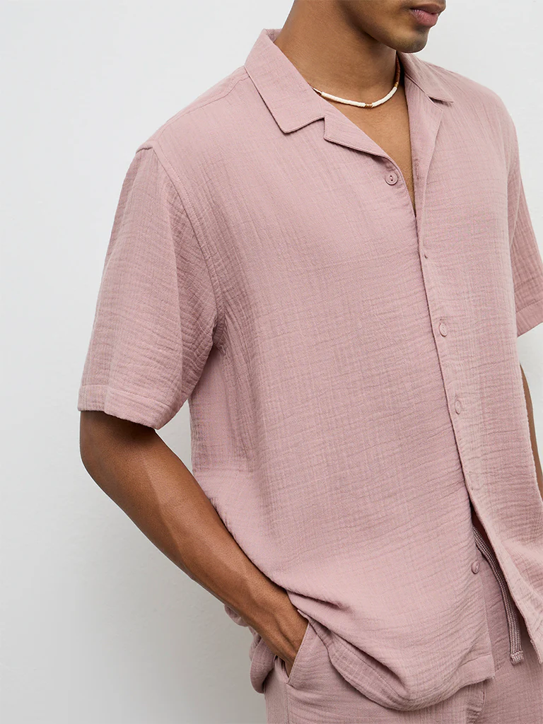 ETA Dusty Pink Crinkle-Textured Relaxed-Fit Cotton Shirt - Image 3