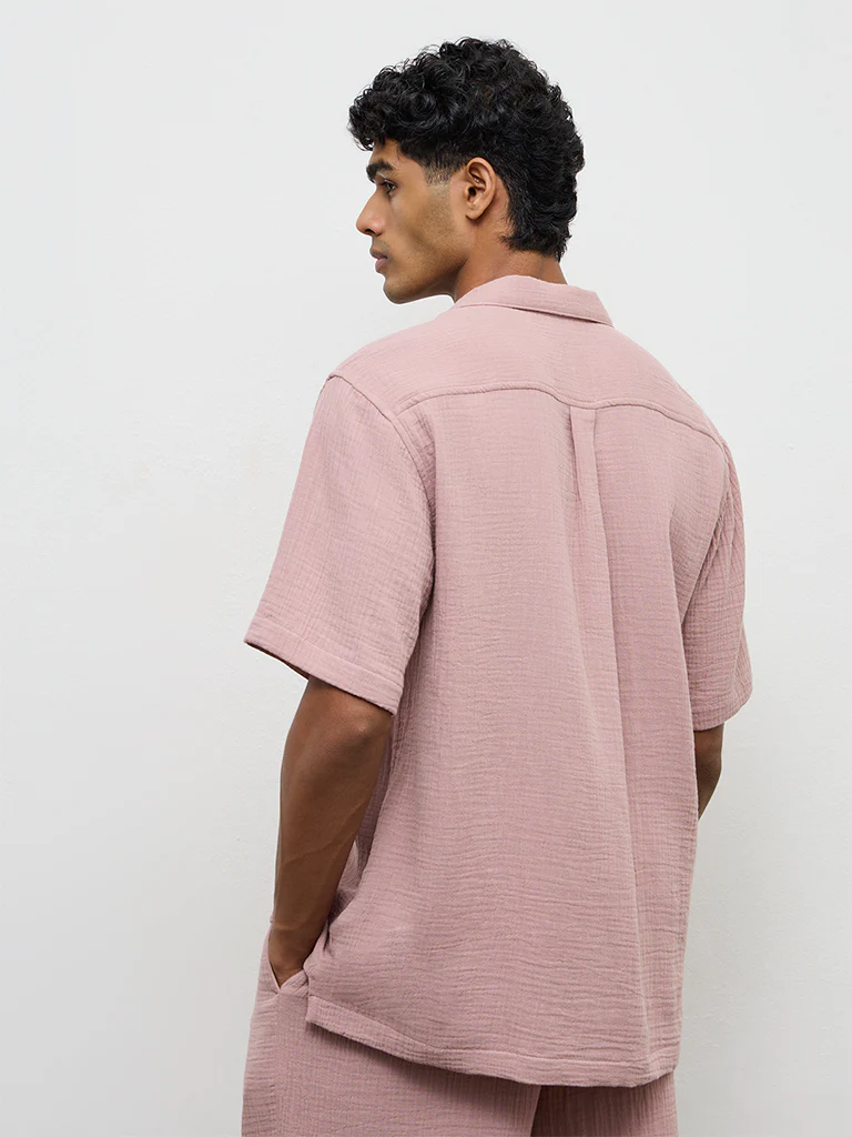 ETA Dusty Pink Crinkle-Textured Relaxed-Fit Cotton Shirt - Image 4