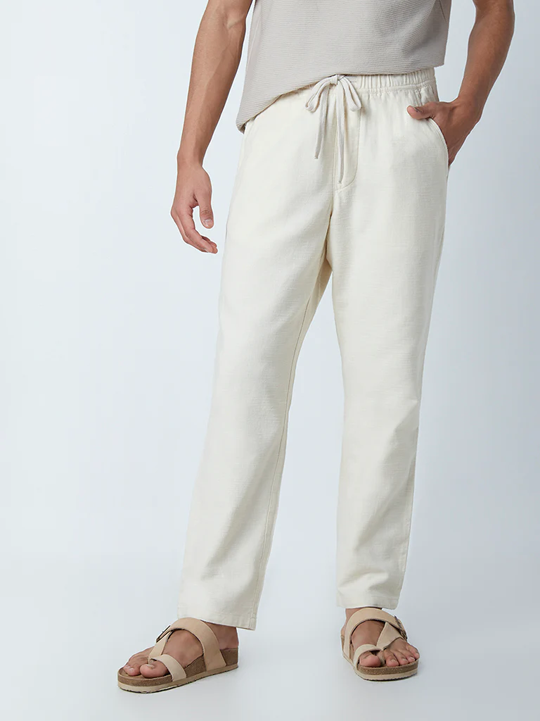ETA Ecru Cotton Slim-Fit Mid-Rise Chinos - Image 3