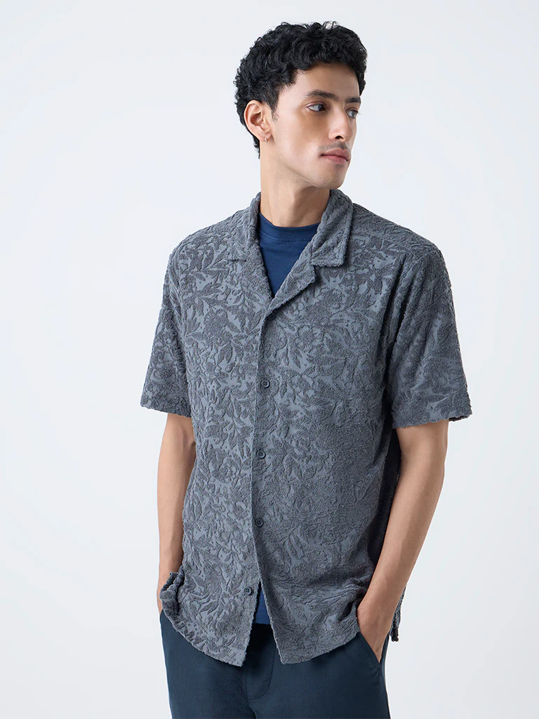 ETA Grey Floral Textured Relaxed-Fit Cotton-Blend Shirt - Image 3