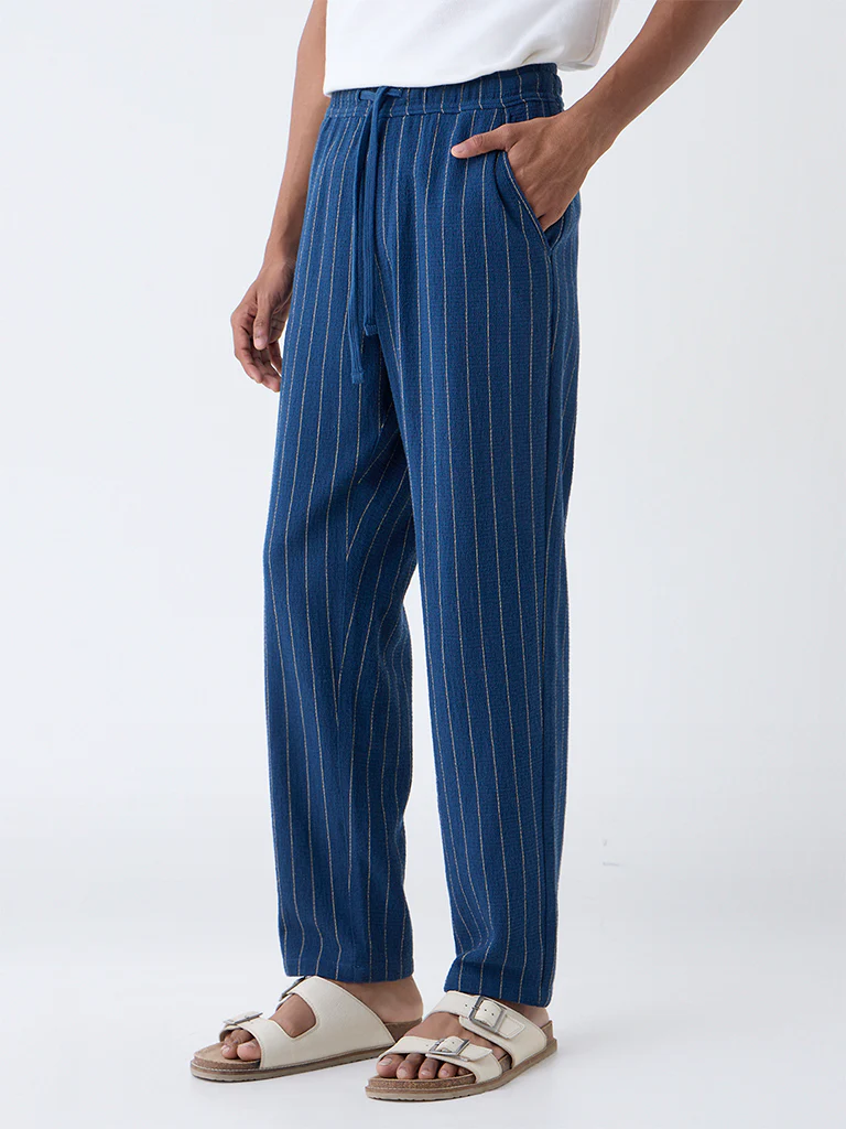 ETA Indigo Pinstriped Relaxed-Fit Mid-Rise Cotton Trousers - Image 3