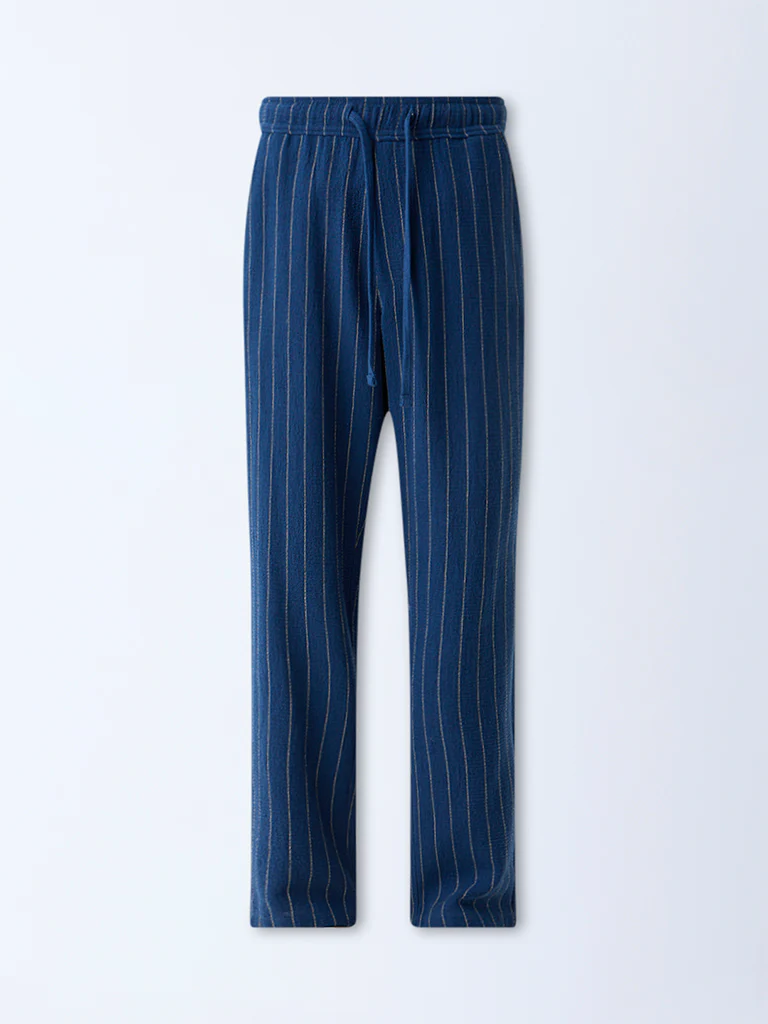 ETA Indigo Pinstriped Relaxed-Fit Mid-Rise Cotton Trousers - Image 6