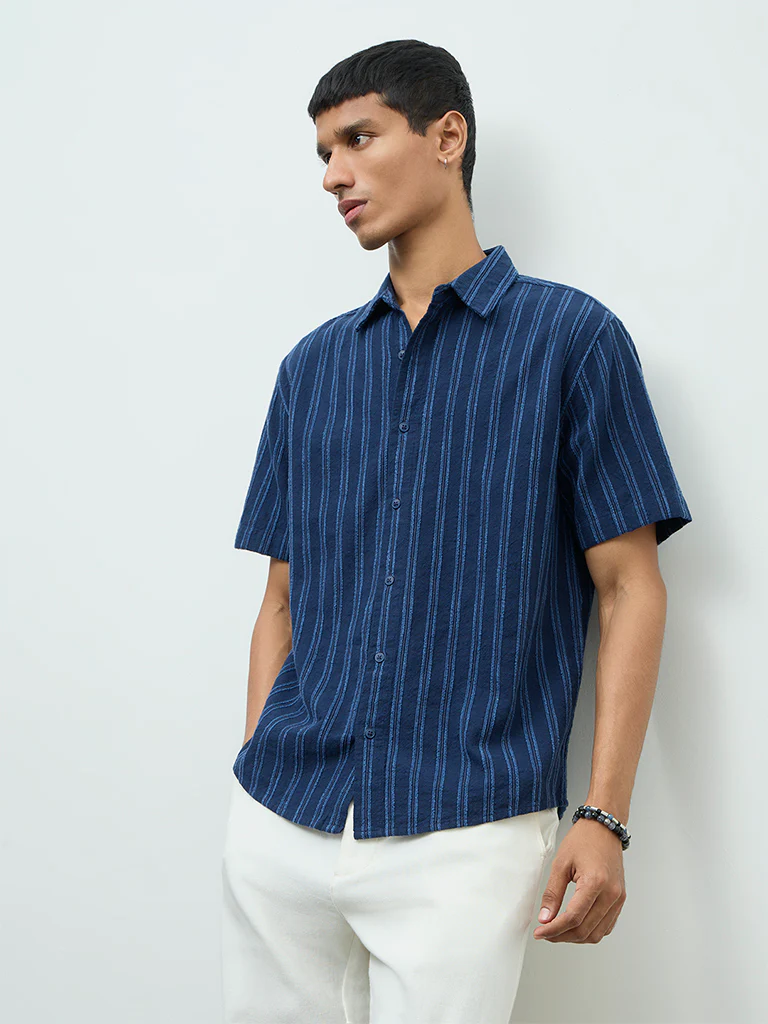 ETA Indigo Striped Printed Relaxed-Fit Cotton-Blend Shirt - Image 2