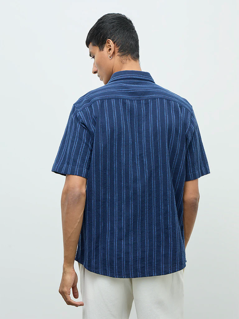 ETA Indigo Striped Printed Relaxed-Fit Cotton-Blend Shirt - Image 4
