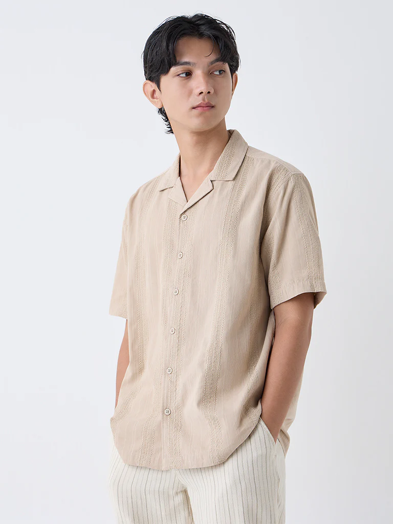 ETA Light Beige Embroidered Relaxed-Fit Cotton Shirt