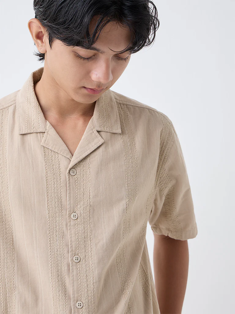 ETA Light Beige Embroidered Relaxed-Fit Cotton Shirt - Image 3