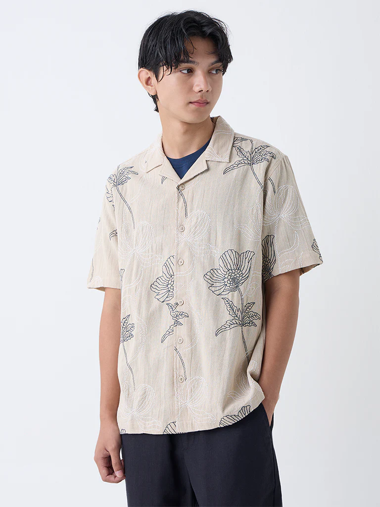 ETA Light Beige Floral Embroidered Relaxed-Fit Cotton Shirt