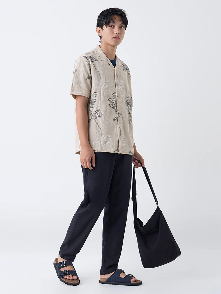 ETA Light Beige Floral Embroidered Relaxed-Fit Cotton Shirt - Image 2