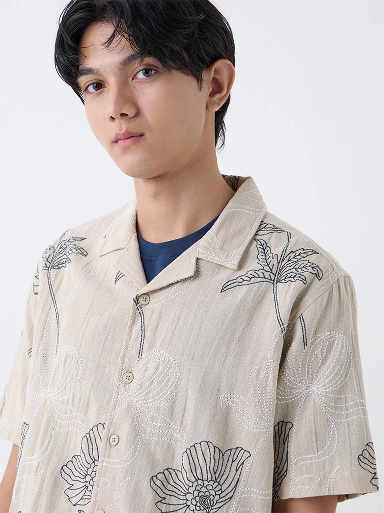 ETA Light Beige Floral Embroidered Relaxed-Fit Cotton Shirt - Image 3