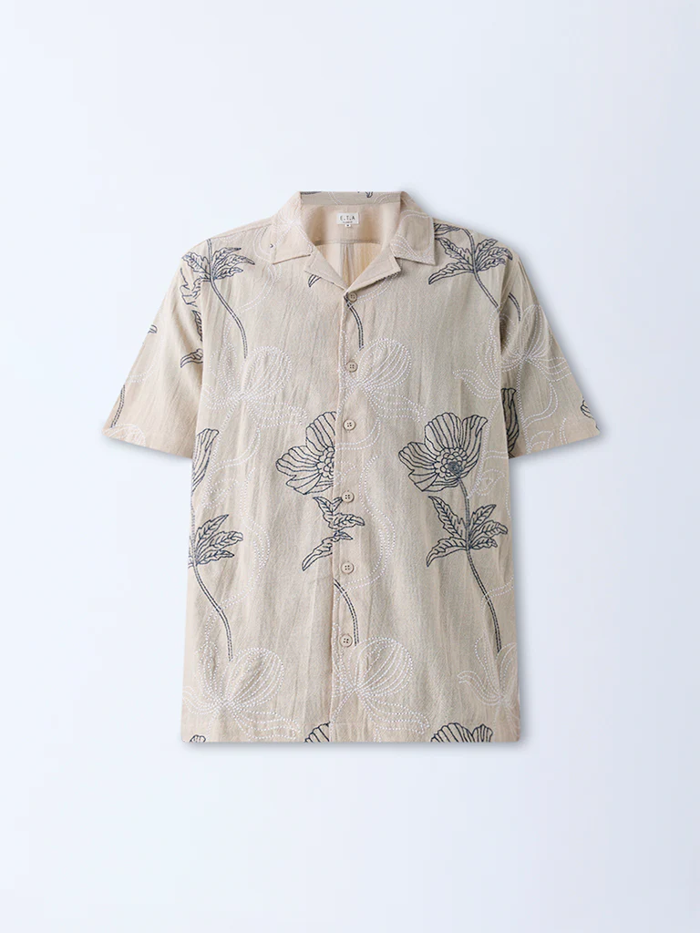 ETA Light Beige Floral Embroidered Relaxed-Fit Cotton Shirt - Image 5