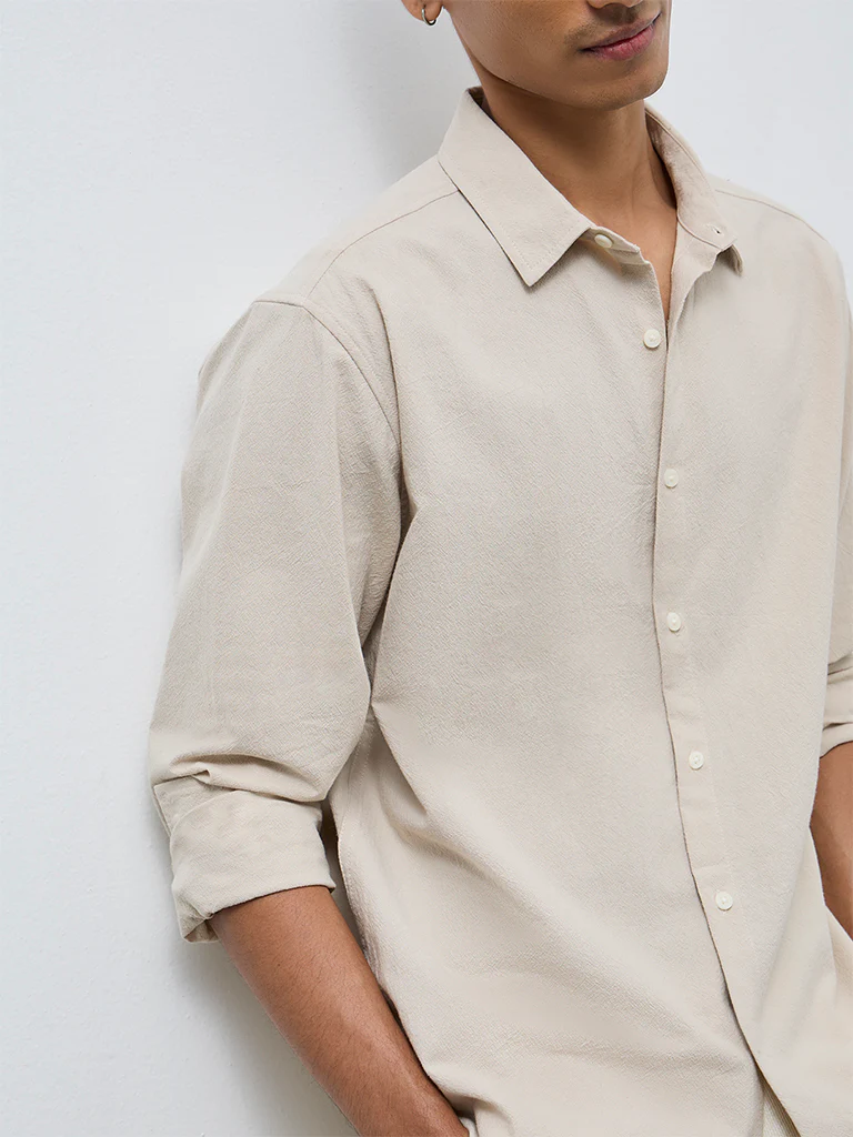 ETA Light Beige Solid Relaxed-Fit Cotton Shirt - Image 4