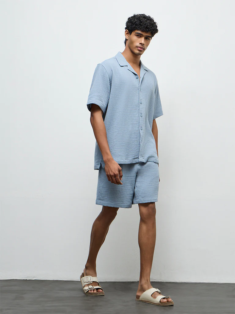 ETA Light Blue Crinkle-Textured Relaxed-Fit Cotton Shirt - Image 2