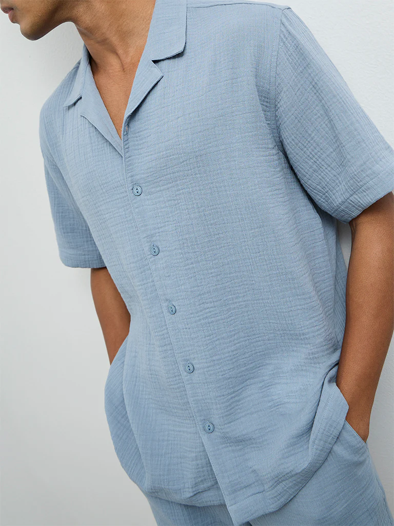 ETA Light Blue Crinkle-Textured Relaxed-Fit Cotton Shirt - Image 3