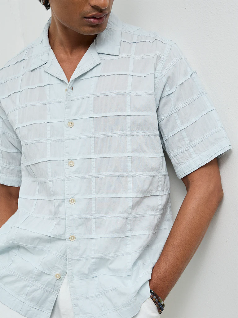 ETA Light Blue Pintuck Design Relaxed-Fit Cotton Shirt - Image 4