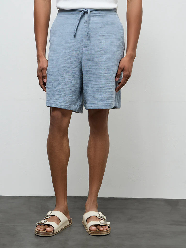 ETA Light Blue Relaxed-Fit Mid-Rise Cotton Shorts - Image 2