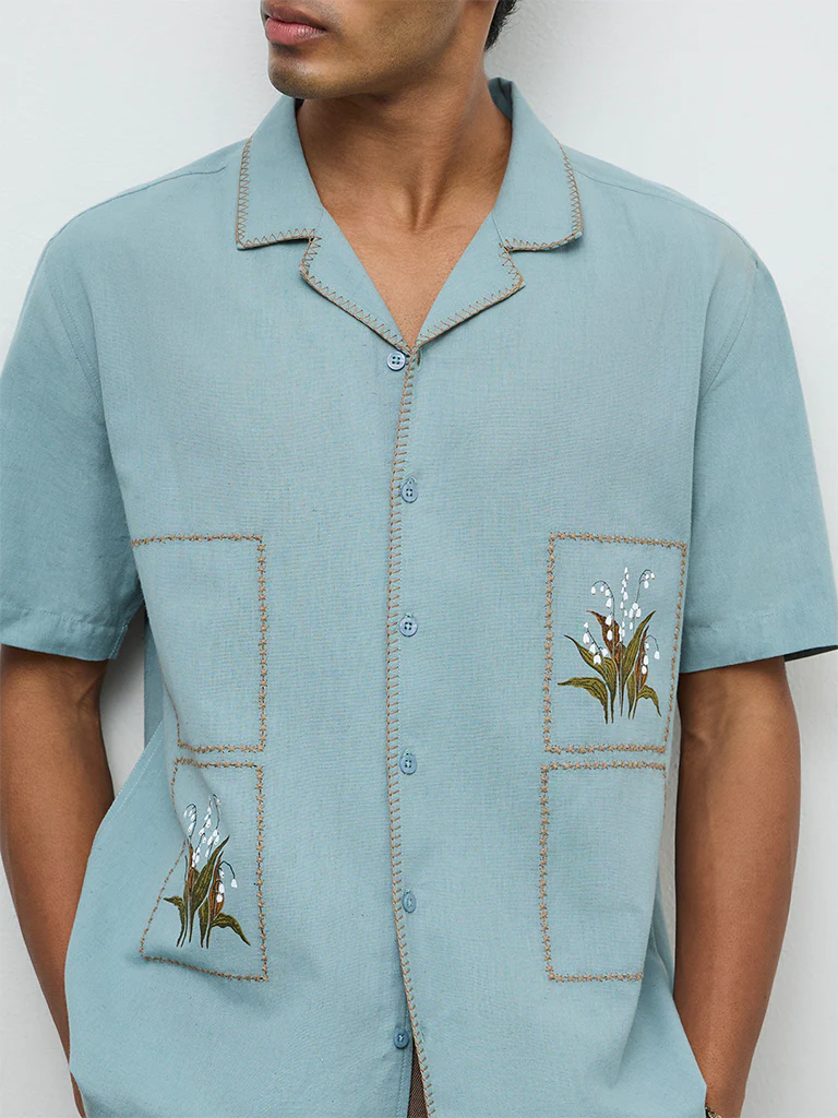 ETA Light Teal Botanical Printed Relaxed-Fit Cotton-Blend Shirt - Image 3