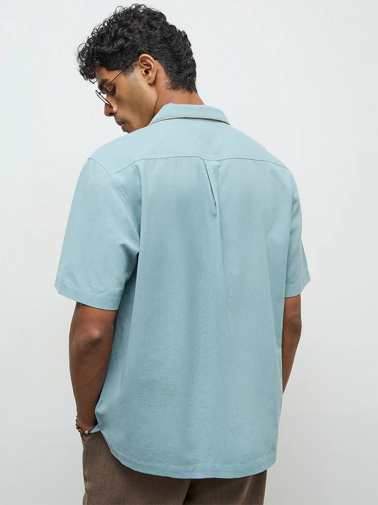 ETA Light Teal Botanical Printed Relaxed-Fit Cotton-Blend Shirt - Image 4