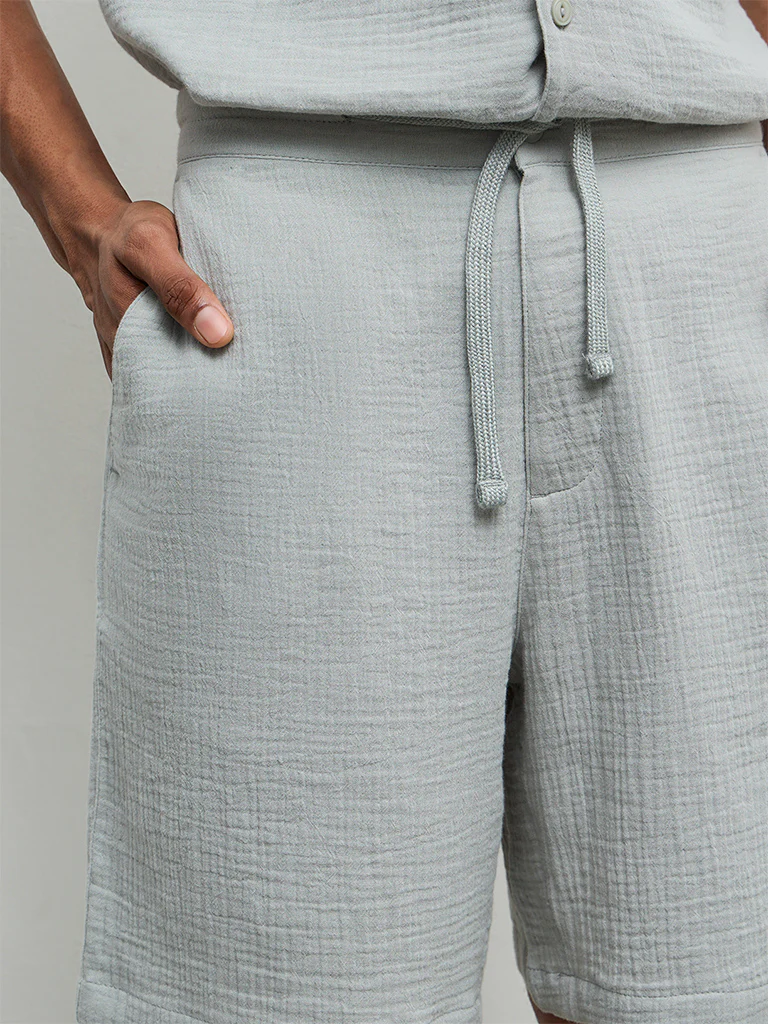 ETA Light Teal Crinkle-Textured Relaxed-Fit Mid-Rise Cotton Shorts - Image 3
