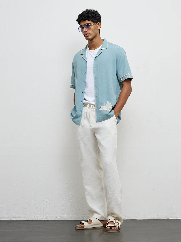 ETA Light Teal Embroidered Relaxed-Fit Cotton Shirt - Image 2