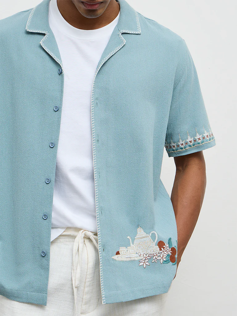 ETA Light Teal Embroidered Relaxed-Fit Cotton Shirt - Image 3