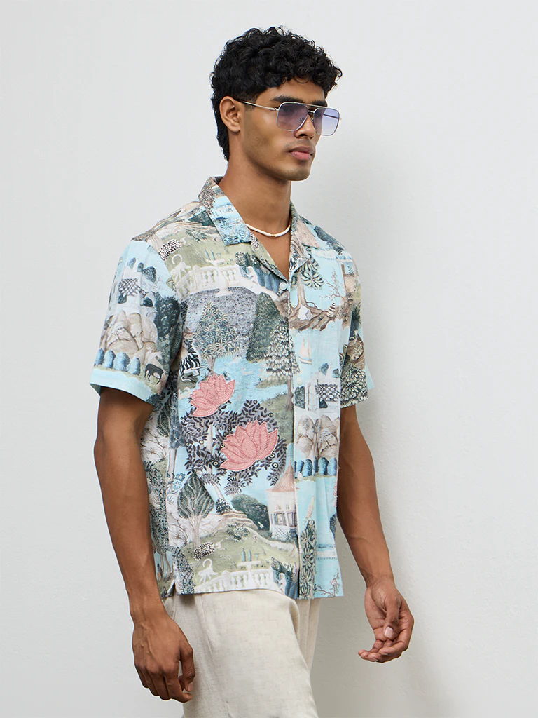ETA Light Teal Scenic Printed Relaxed-Fit Cotton Shirt - Image 2