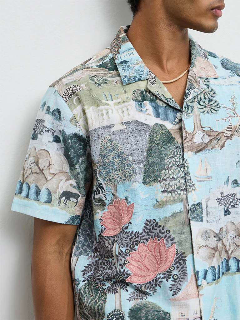 ETA Light Teal Scenic Printed Relaxed-Fit Cotton Shirt - Image 3