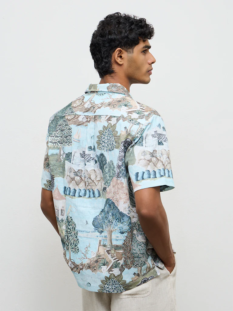 ETA Light Teal Scenic Printed Relaxed-Fit Cotton Shirt - Image 4