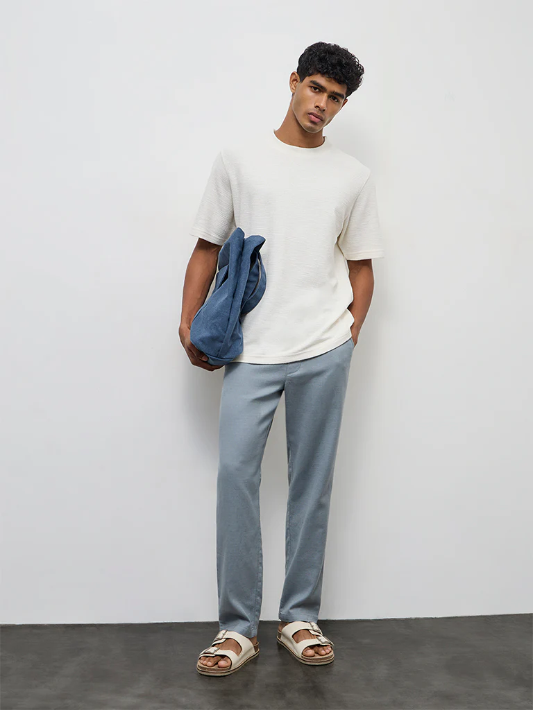ETA Light Teal Textured Relaxed-Fit Mid-Rise Cotton Chinos