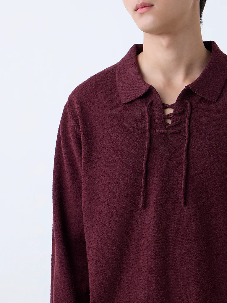 ETA Maroon Knitted Relaxed-Fit Cotton-Blend Sweater - Image 4