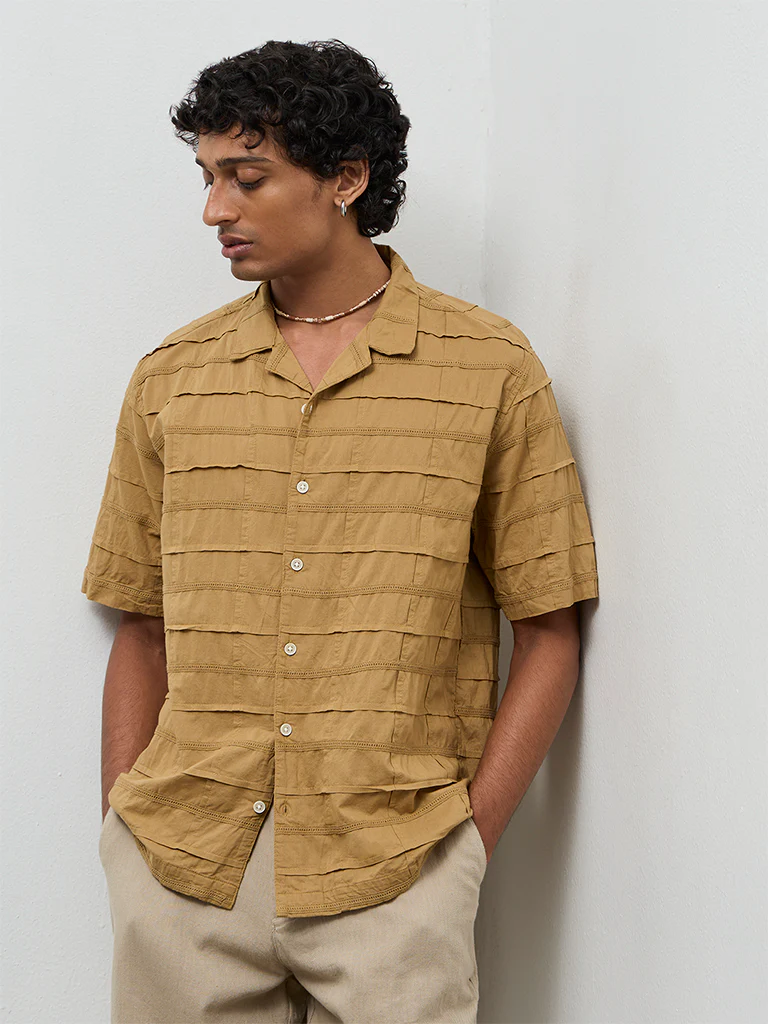 ETA Mustard Pintuck Design Relaxed-Fit Cotton Shirt - Image 4