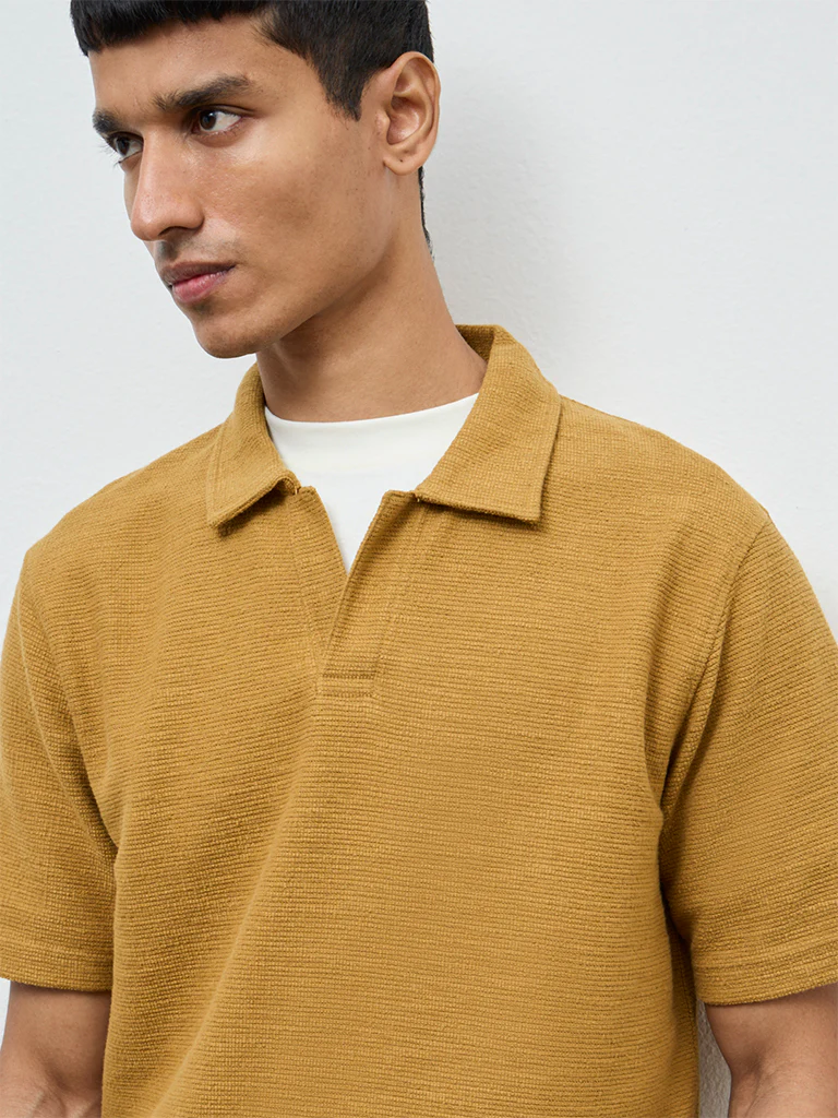 ETA Mustard Self-Textured Relaxed-Fit Cotton-Blend Polo T-Shirt - Image 4