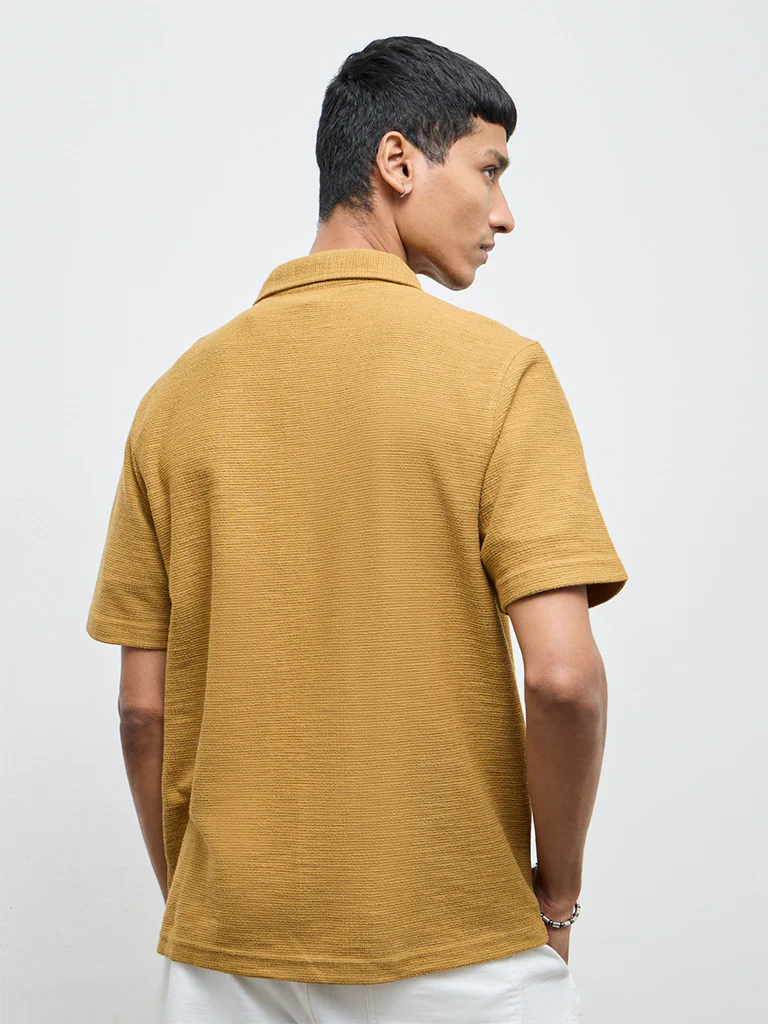 ETA Mustard Self-Textured Relaxed-Fit Cotton-Blend Polo T-Shirt - Image 5