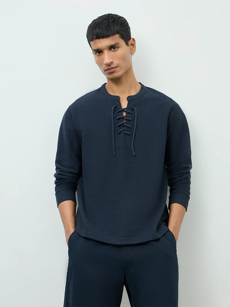 ETA Navy Criss-Cross Relaxed-Fit Cotton-Blend T-Shirt - Image 3