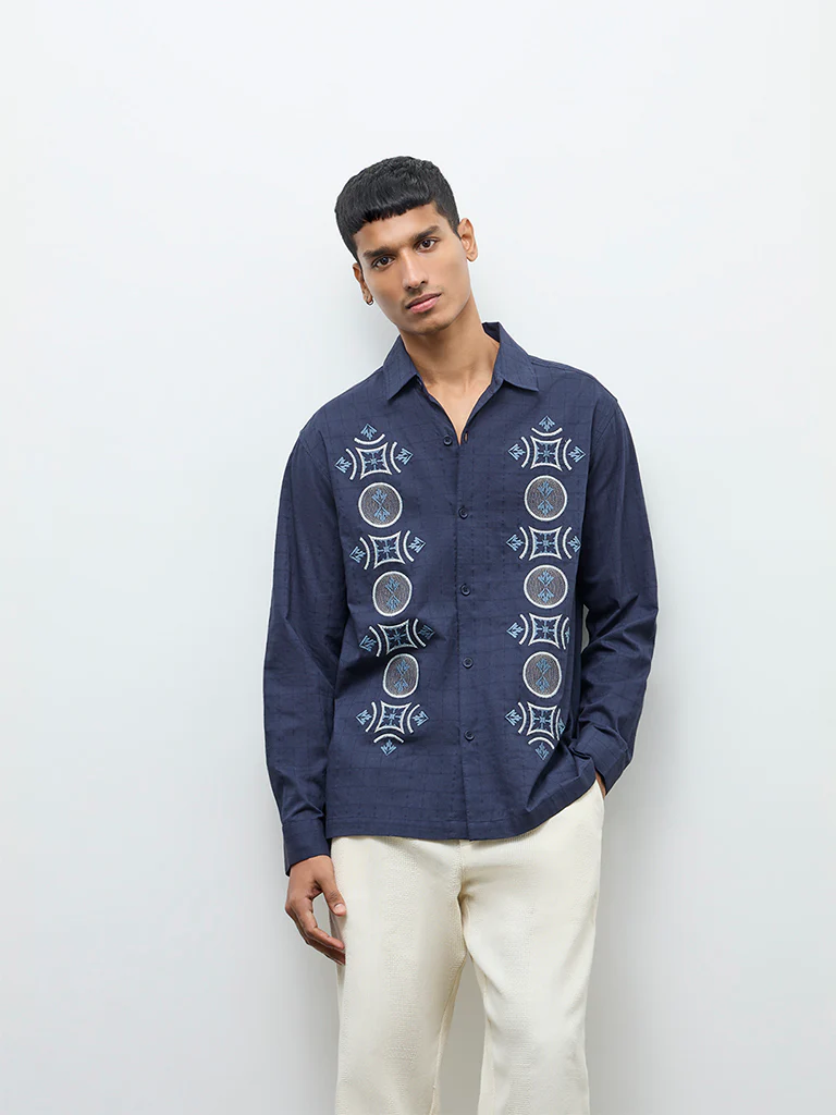 ETA Navy Embroidered Relaxed-Fit Cotton Shirt