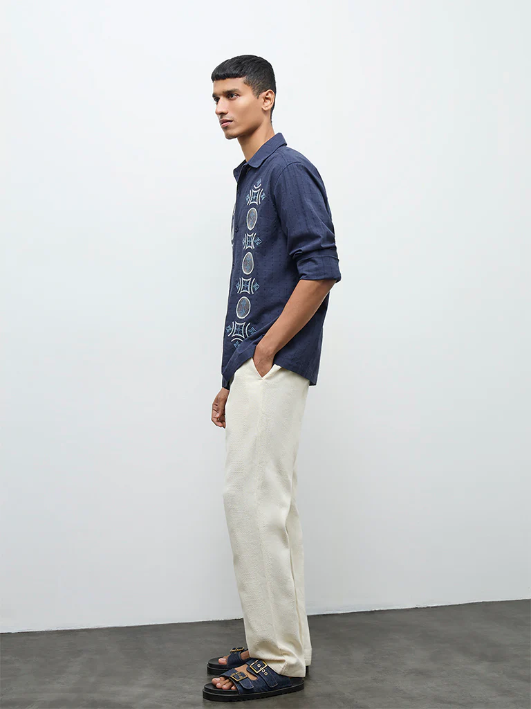 ETA Navy Embroidered Relaxed-Fit Cotton Shirt - Image 2