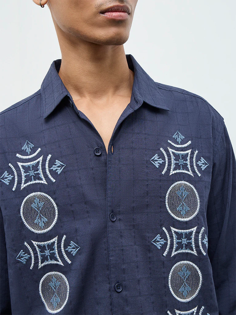 ETA Navy Embroidered Relaxed-Fit Cotton Shirt - Image 3