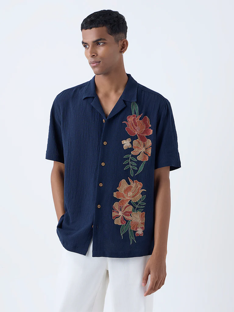 ETA Navy Floral Embroidered Relaxed-Fit Cotton Shirt - Image 2