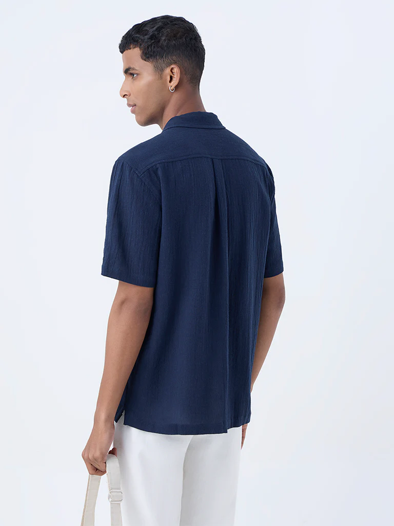 ETA Navy Floral Embroidered Relaxed-Fit Cotton Shirt - Image 4